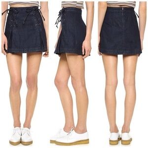 Y2k FREE PEOPLE LACE UP DARK WASH DENIM PLEATED MINI JEAN SKIRT Sz 8